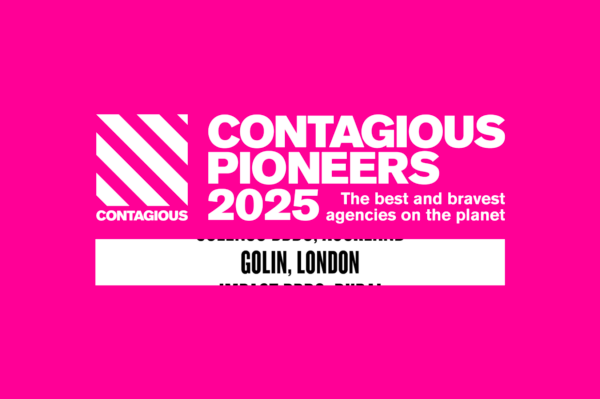 A bright pink promotional graphic for 'Contagious Pioneers 2025' which showcases 'the best and bravest agencies on the planet.' The image includes diagonal stripe branding and features 'COLIN, LONDON' prominently displayed as one of the recognized creative agencies.